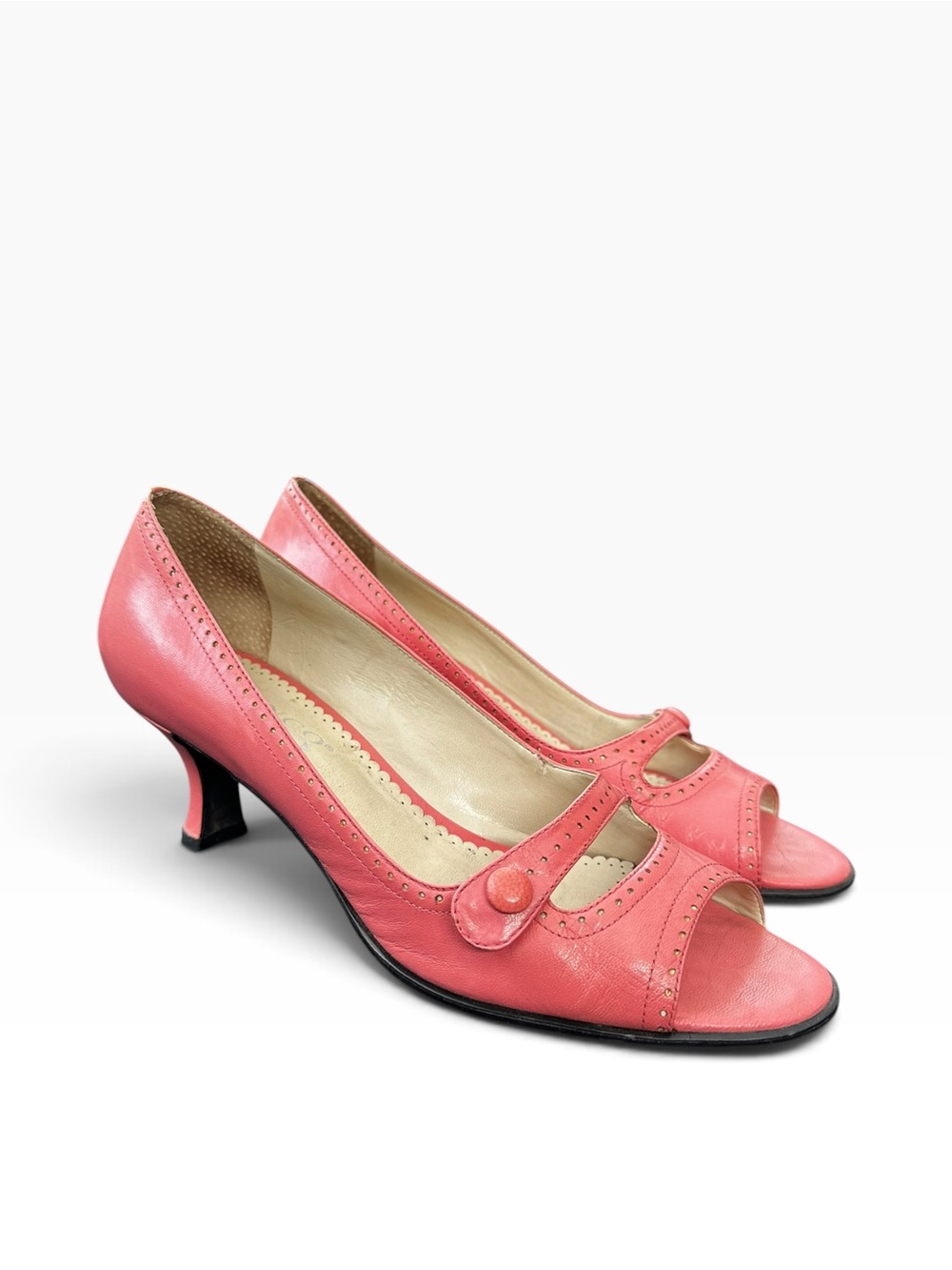Franco Sarto Coral Pink Leather Peep Toe Kitten Heels Brogue Detail 8.5M